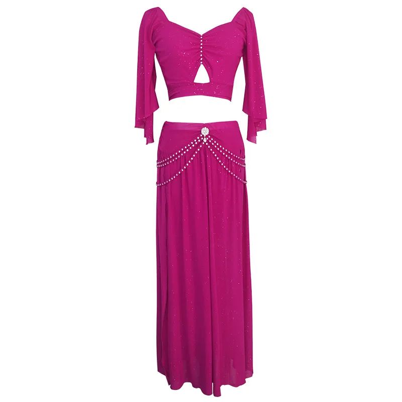 Women's Belly Dance Practice Wear Set -Slimming Ruched Top & High Split Skirt - Stretchy Oriental Dance Training Outfit