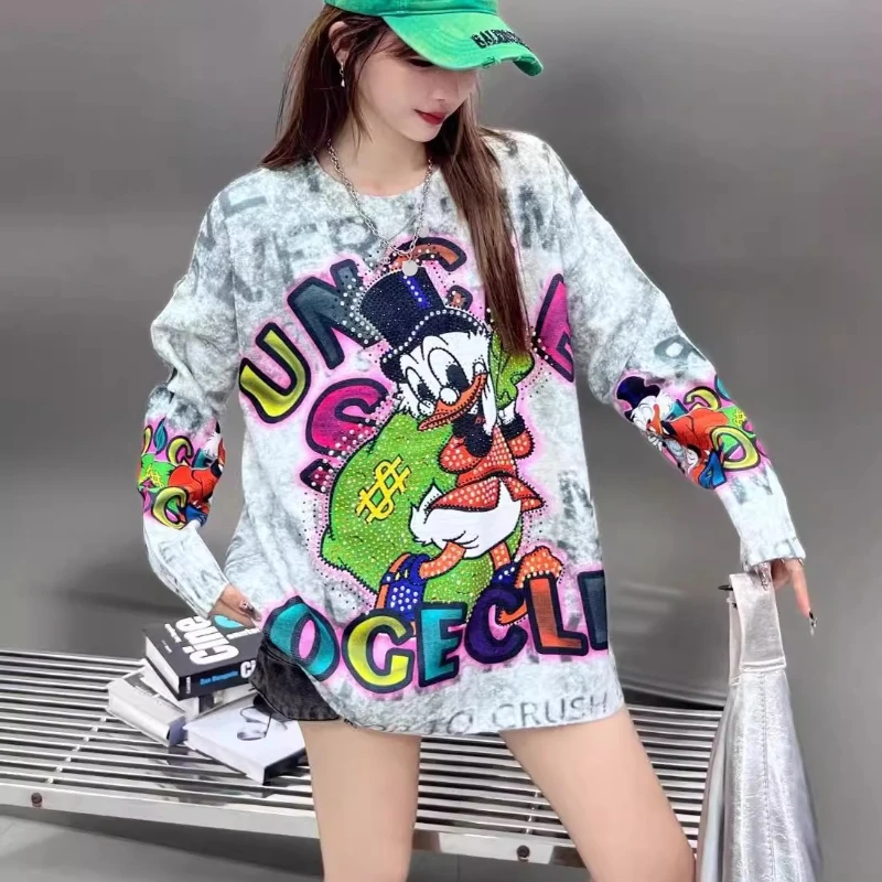 

Dophee Cartoon Printing Hot Drilling Long Sleeve Sweater Autumn Winter O-neck Loose Pullover Top All-match Women Knitted Hoodies