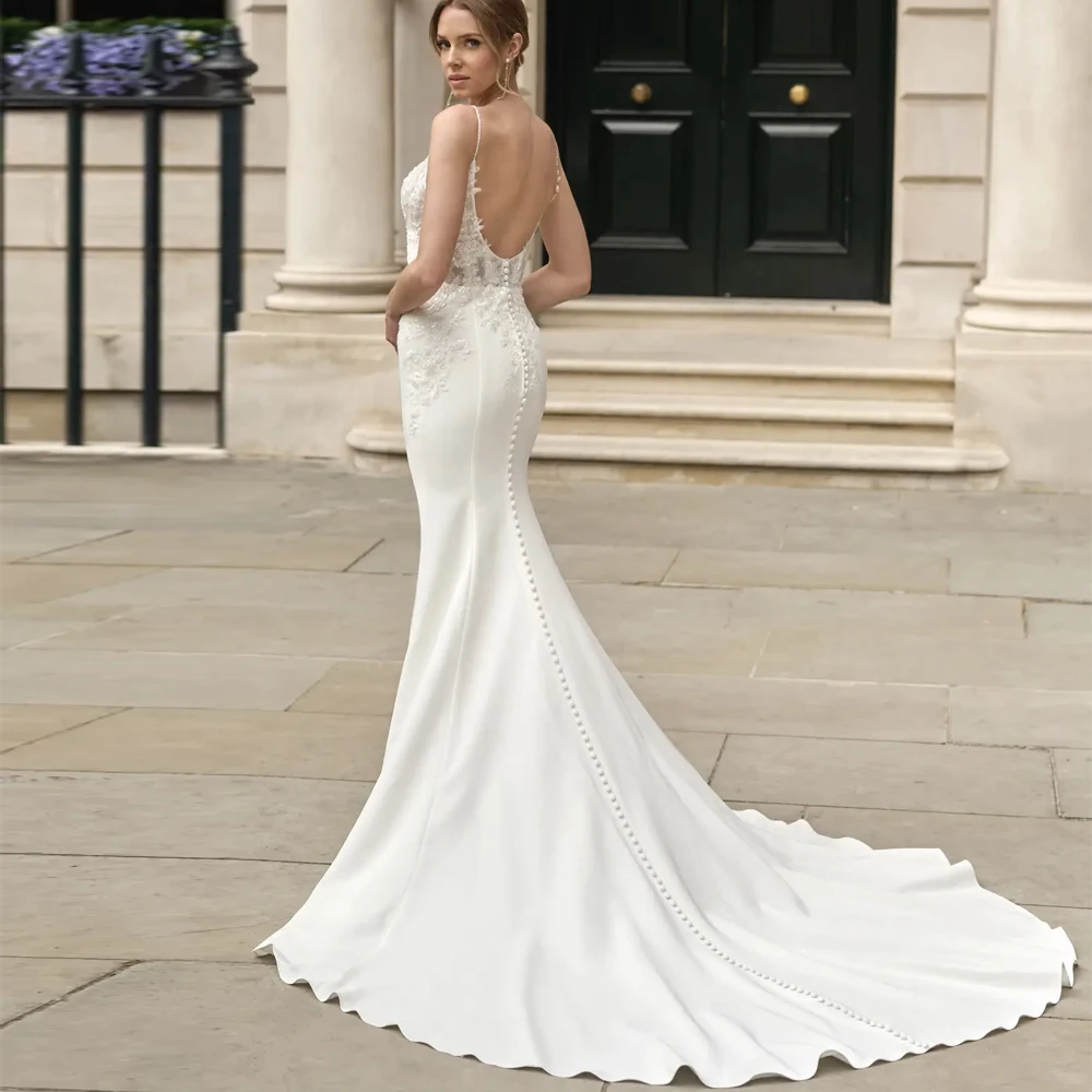 Свадебные платья на тонких бретельках, кружевные свадебные платья с аппликацией, вечерние платья с открытой спиной, Vestidos De Novia, халат на пуговицах по индивидуальному заказу