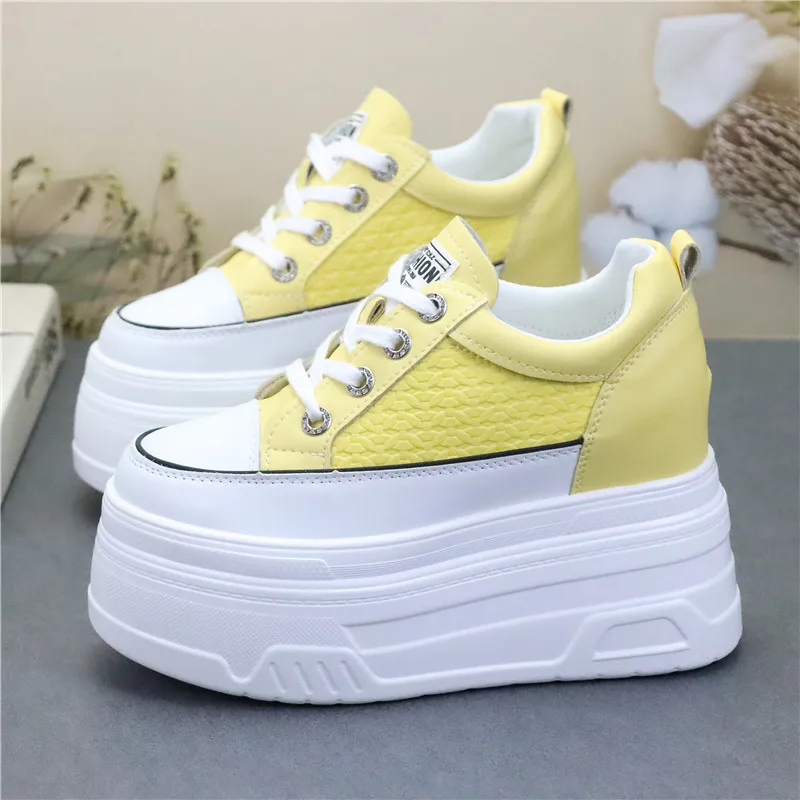 Large Size Women's Small White Shoes Internal Height Increase 10cm Short Stature Super High Heel 12cm Casual Breathable Shoes