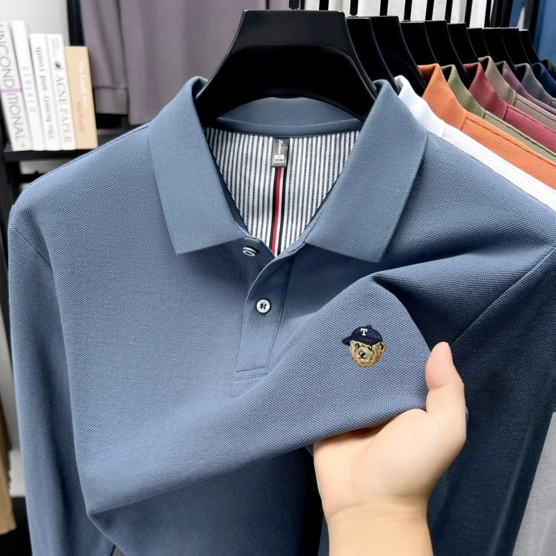 

Высокое качество 100% Хлопок мужские длинными рукавами Polo рубашки Осенний новый пункт модный бренд Медвежья вышивка роскошная Удобный отдых футболка
