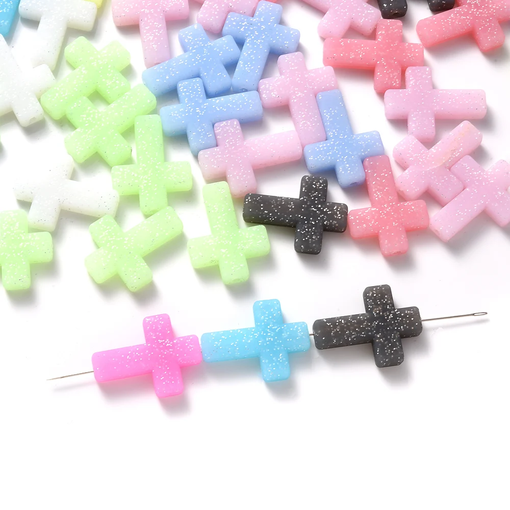 10Pcs Silicone Cross Luminous Beads with Fine Glitter Spacer Loose Beads Jewelry Accessories Phone Chain Making Diy Material