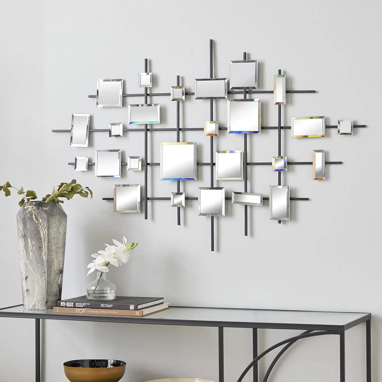 Metal Geometric Home Wall Decor Wall Sculpture with Square Mirrored Accents, Wall Art 28