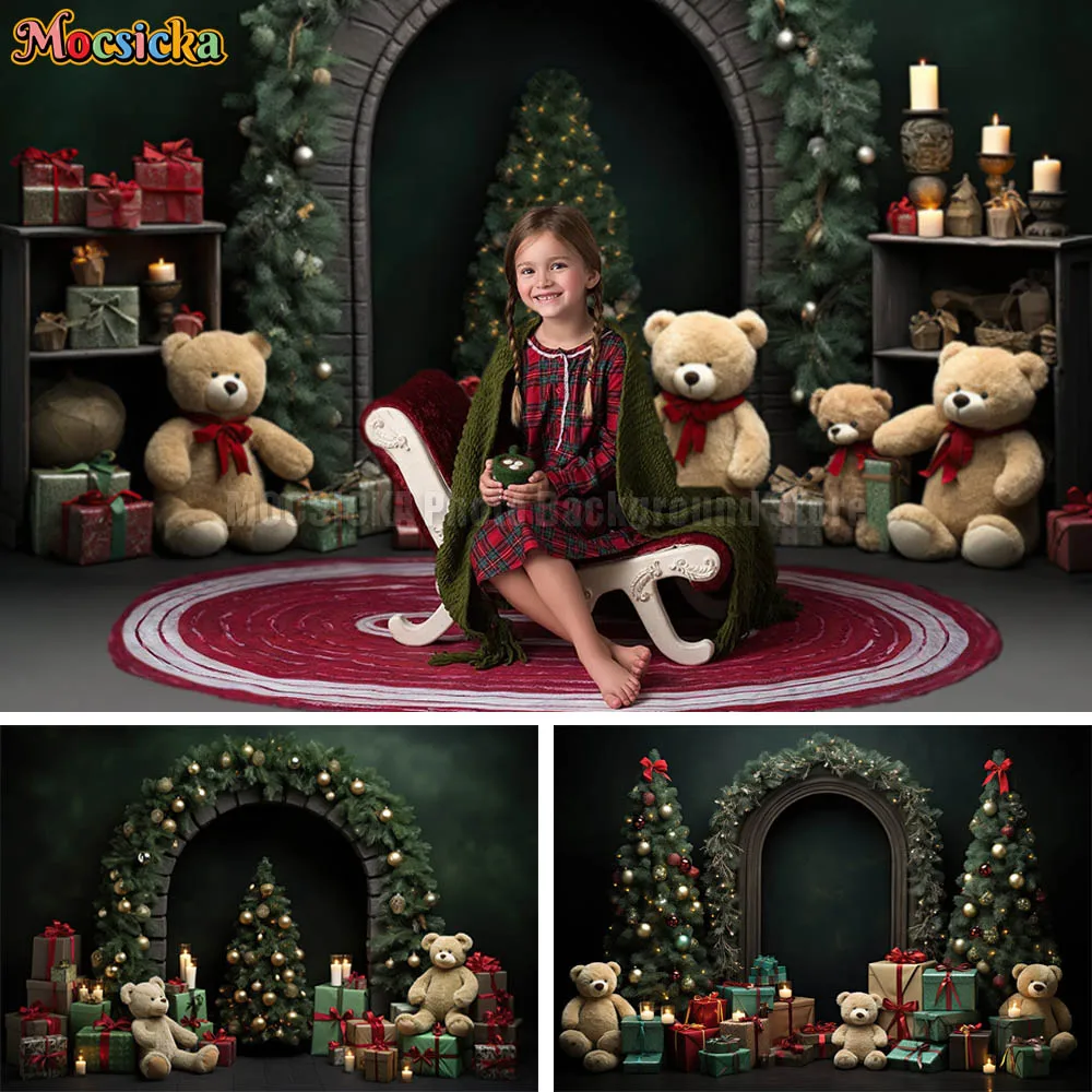 Christmas Tree Gift Bear Toys Photography Backdrops Retro Dark Green Door Xmas Kids Portrait Cake Smash Background Photo Studio