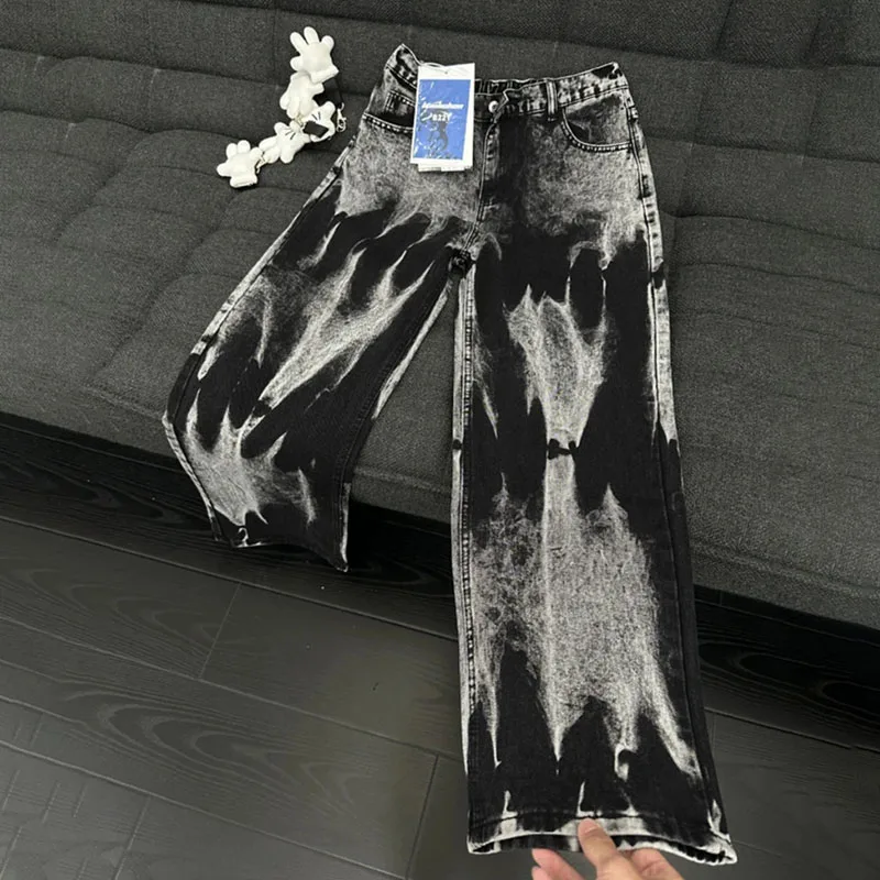 Autumn Black Tie Dye Jeans Fashion Micro Flared Pants Hip-Hop Pants Men'S Straight Leg Pants Retro Curved Knife Pants