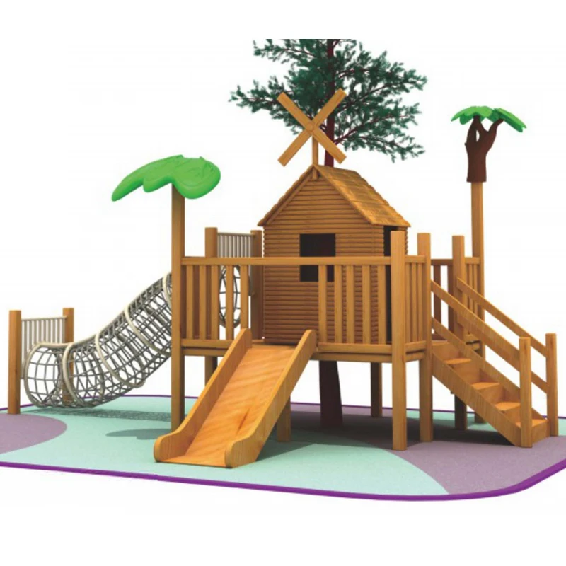 High-quality Custom Outdoor Children's Wooden Playground with Climbing Net and Swing Suitable for Parks and Sales Offices
