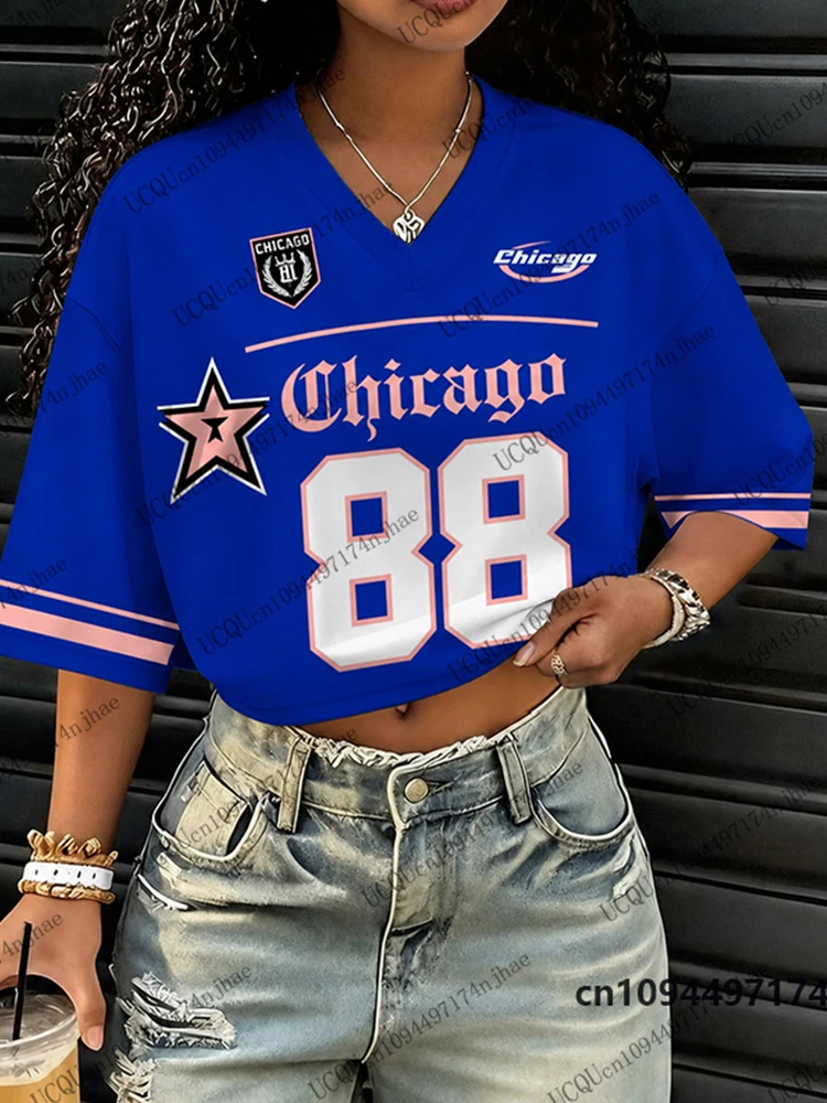 Summer New Chicago No.88 Print T-Shirt For Women Short Sleeve Sexy Crop Top Football Jersey Y2k Surfing V-neck Tees Casual Tops