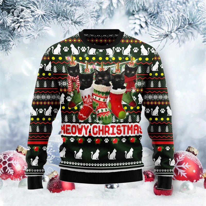 2026 جديد مضحك القط نمط القبيح عيد الميلاد سترة موضة الخريف Crewneck ثلاثية الأبعاد مطبوعة عيد الميلاد بلوزات عادية المتضخم البلوفرات