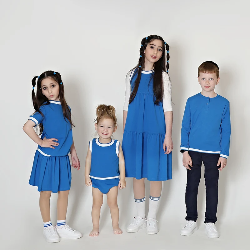 Summer Spring Family Matching Outfits Cotton Rib Knit Dresses and Sweatshirts Tops Sets/T-shirt/Girl Skirt Fashion  Royal Blue