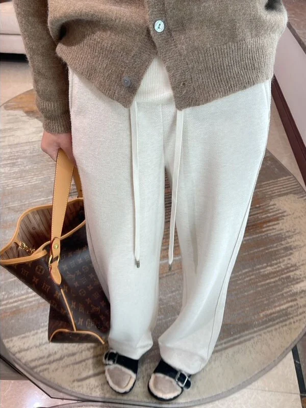 

High Waist Thiened Woolen Straight Leg Pants Women's Loose Wide Leg Pants Casual Sle Autumn Winter New Arrival