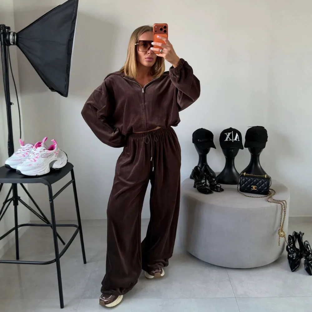 Original Embroidered Hooded Straight Pants Suit Autumn and Winer Women's Chic Thick Warm Date Travel Casual Hoodie Pants 2Pcs