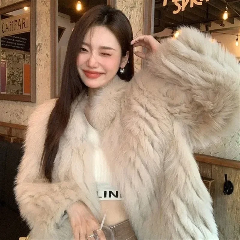 Pop 2024 Autumn/Winter Fox Fur Coat Thick Short Popular Fur Coat Lmitation Fur Grass Coat Female's Stand Up Collar High-End OutC