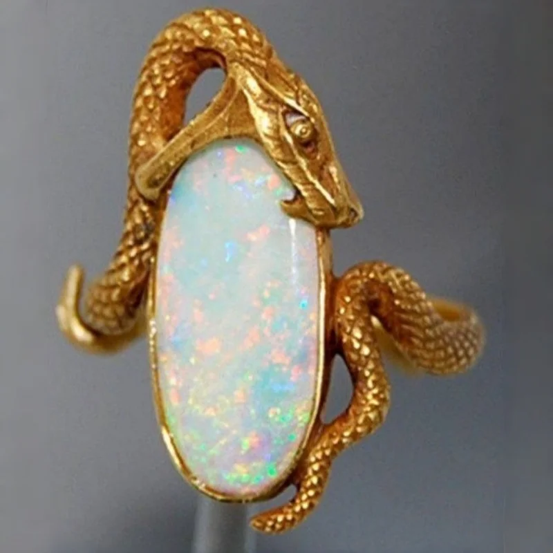 Vintage-Ring für Damen mit eingelegtem Imitationsopal, Schlangenmotiv, ethnische Goldfarbe, handgeschnitzt, für den täglichen Gebrauch, Partyschmuck, Jubiläumsgeschenk