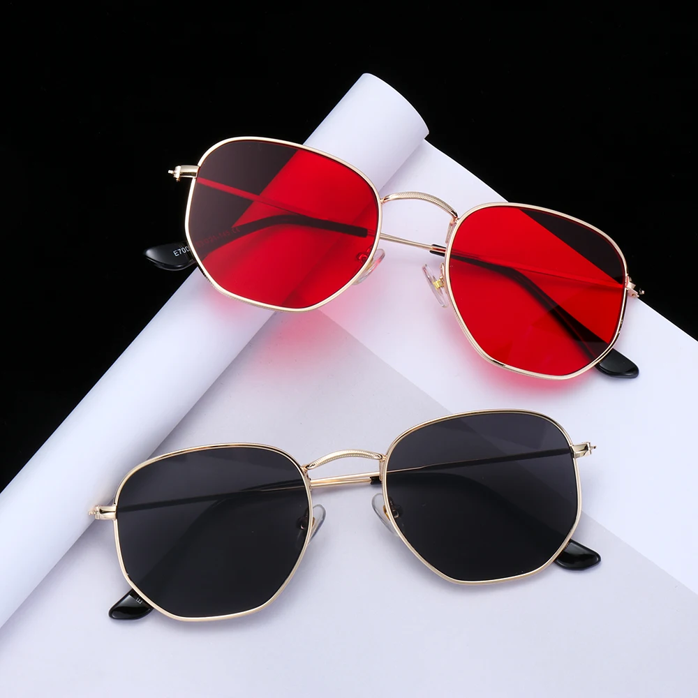 Men Women Unisex Glasses Metal Frame Driving Sun Glasses Summer UV400 Sunglasses Polygon Mirrored Lens Small Square Sunglasses