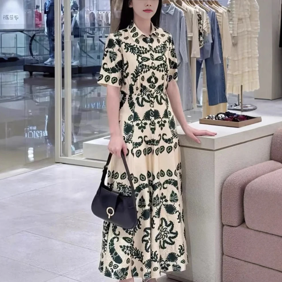 

2025 women green print dress short sleeve lapel slim fit office ladies elegant midi robe
