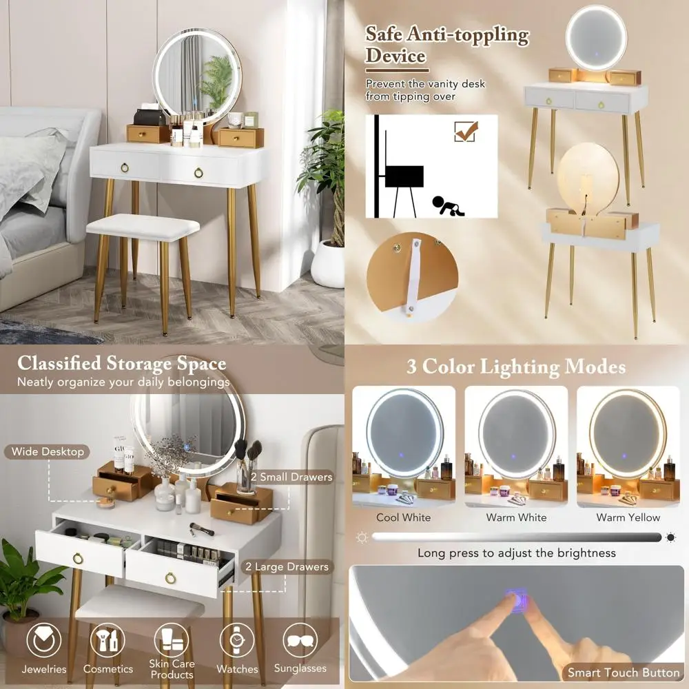 GOFLAME Makeup Vanity Set with Lights and Mirror, Small Vanity Desk Set with 4 Drawers, 3-Color Light, Brightness Adjustment, Mo