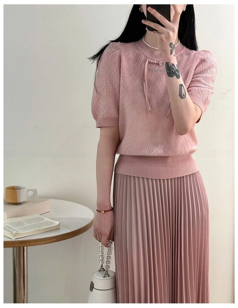 

Women's Bubble Sve Knitted Wool Blend ort Sve T-irt Casual Loose Fit Color Overhead Summer Versatile Pure Color