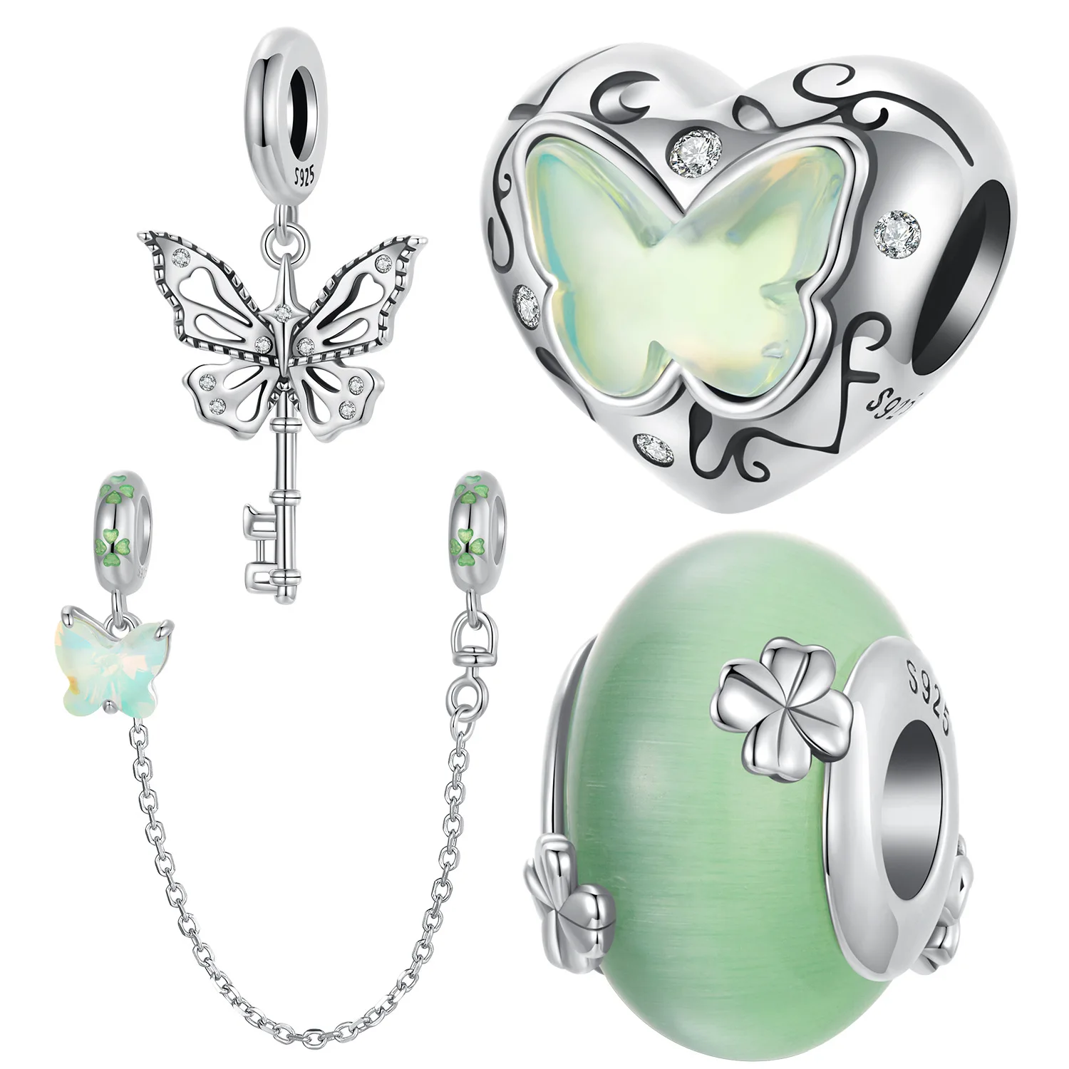 

Зеленые бусины в форме сердца в форме бабочки, стеклянные бусины в виде клевера, подвеска-ключ, защитная цепочка, аксессуары для браслета «сделай сам», подвеска из стерлингового серебра 925 пробы