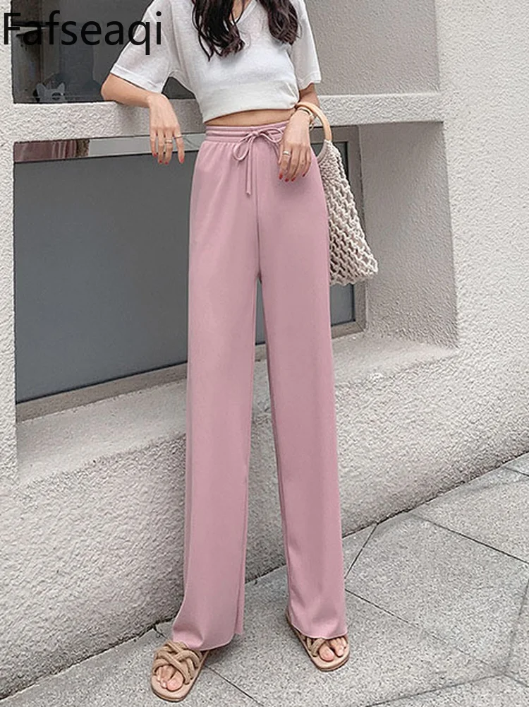 Basic Summer Wide Leg Trousers Women Elesitc Waist Long Ice Silk Pants Casual Loose Lace Up Soft Female Slacks Straight Pants