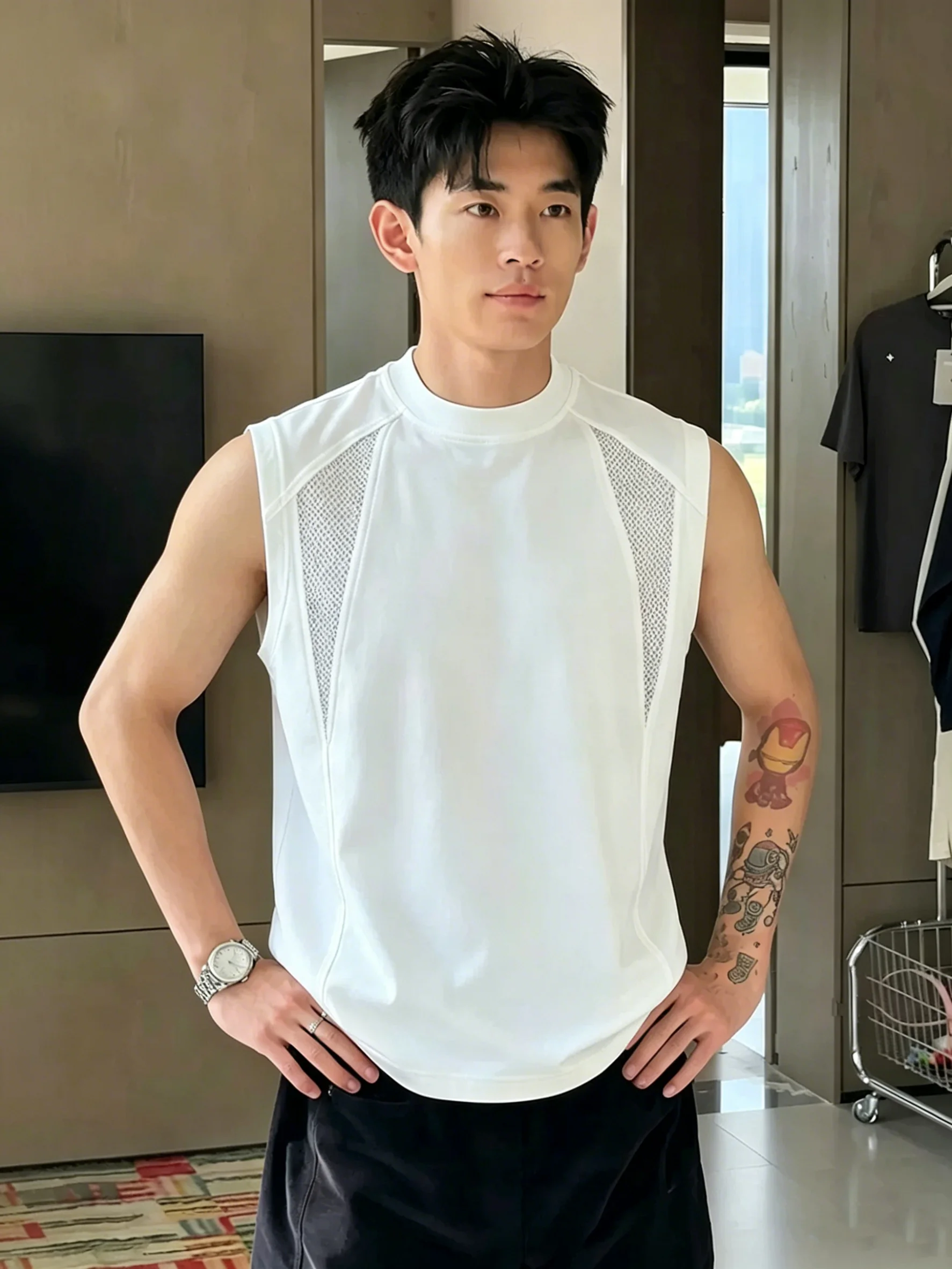 White Fitness Sports Vest Men's Summer Mesh Breathable Quick Dry Shoulder Strap Sweatshirt Trendy Handsome Sleeveless T-shirt