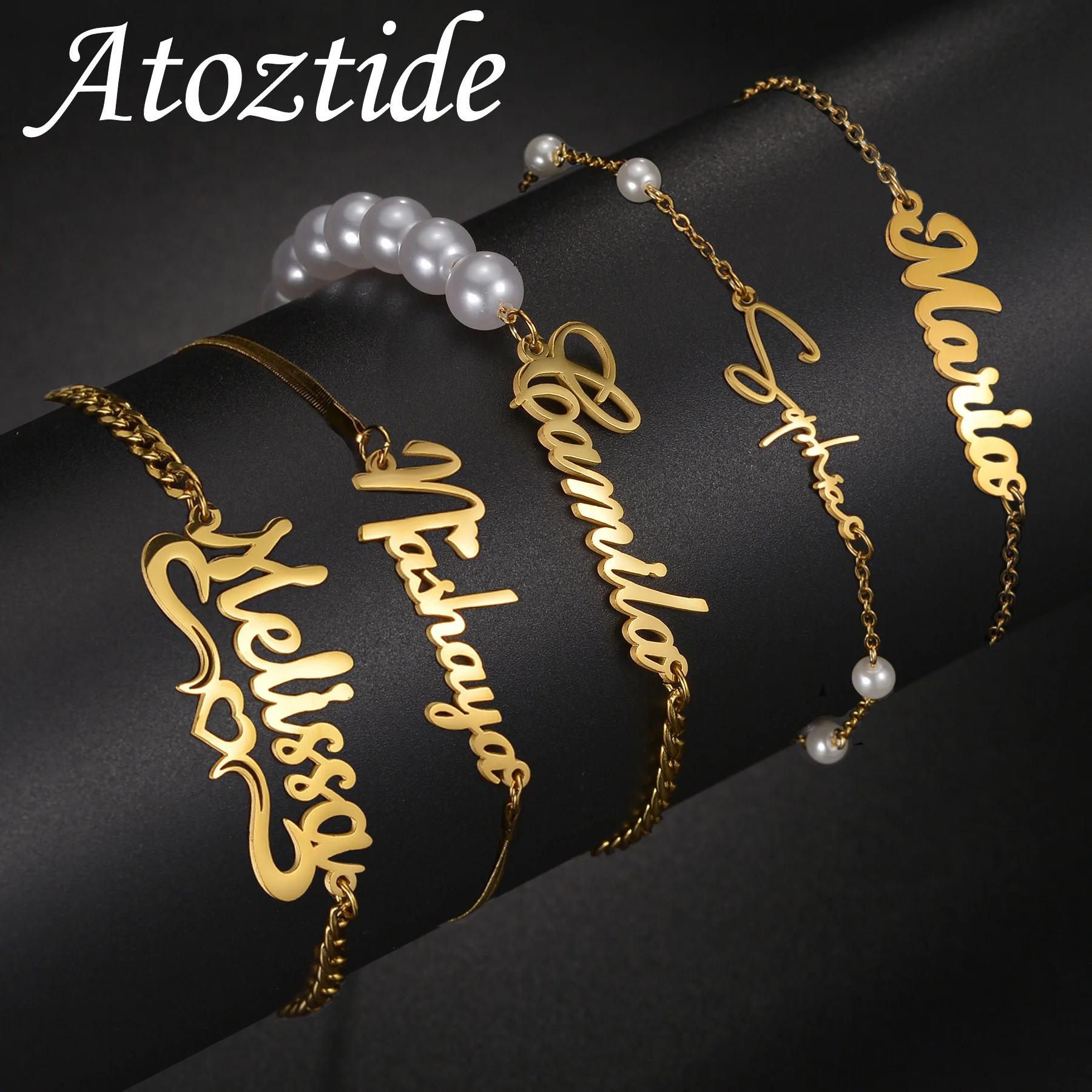 

Atoztide браслет с индивидуальным именем для женщин, цепочка с лезвиями и бусинами, персонализированный браслет из нержавеющей стали ручной работы, ювелирные изделия на день рождения, подарок