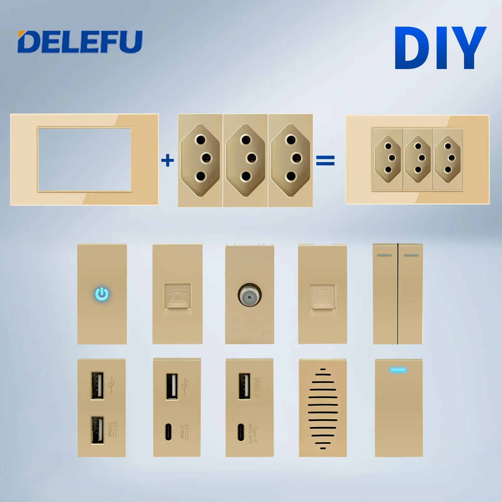 Tomada de parede DELEFU Brasil com módulo de combinação livre, para uso doméstico e comercial, montagem DIY, USB-A+Tipo-C com interruptor.