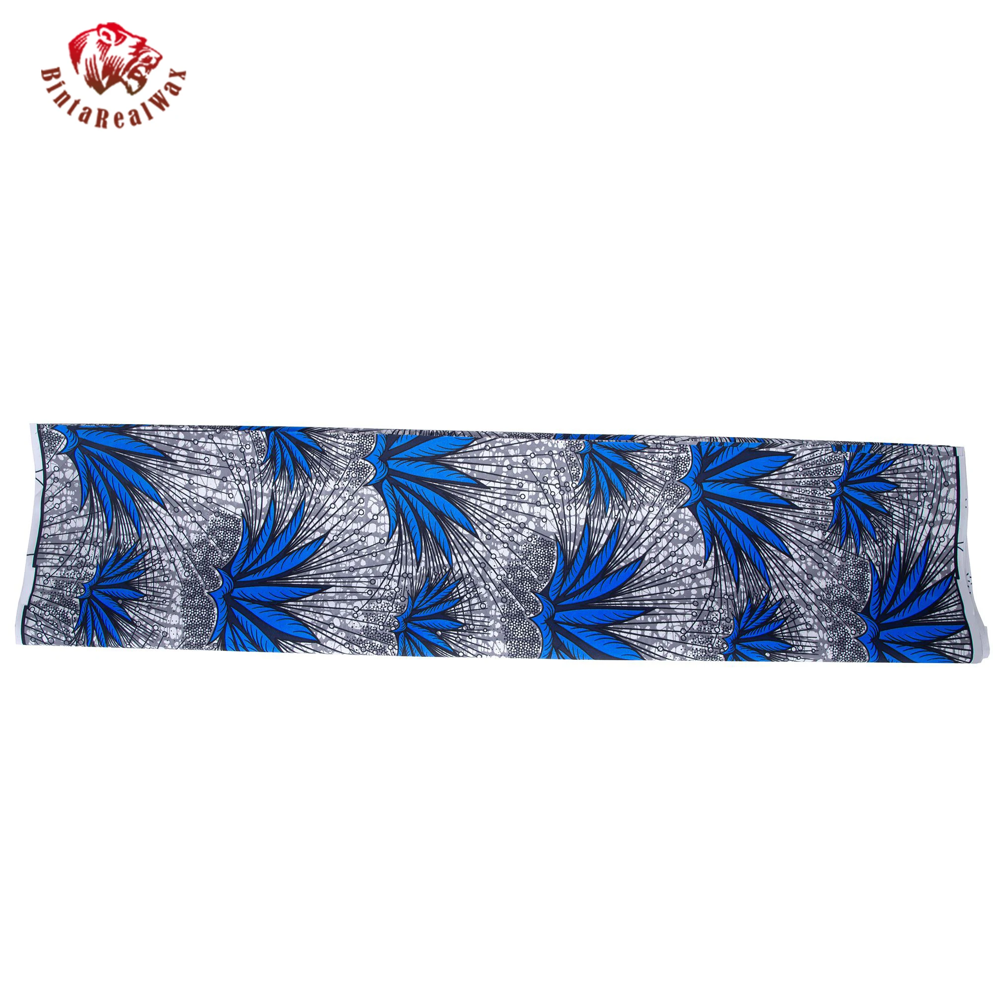 African Ankara Wax Print Fabric – Blue Floral Pattern with Gray Background,  for Dress, Skirt, Headwrap & DIY Sewing FP6704 view 3