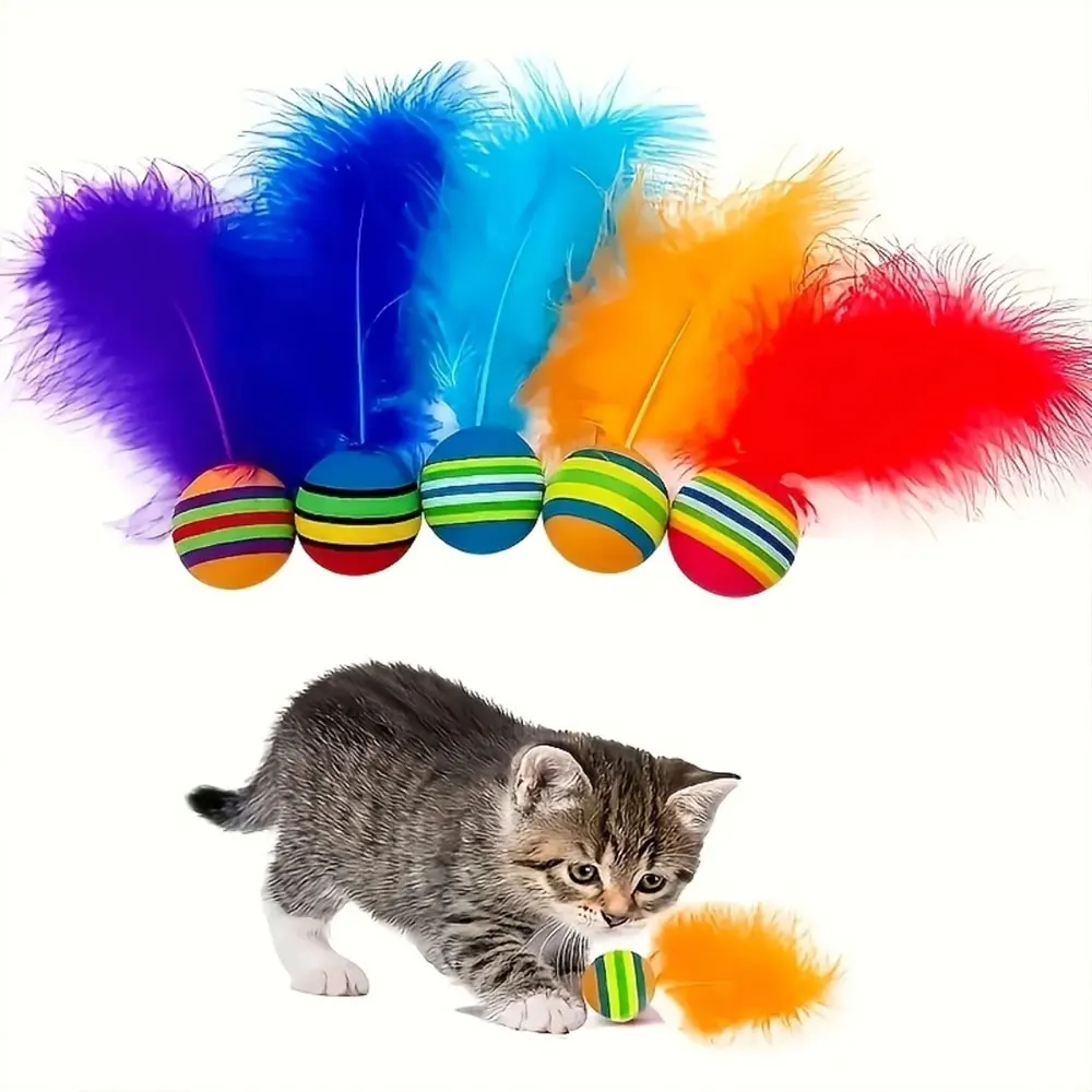 3/5/10 Stück, verschiedene Farben, kaubare, interaktive Katzenspielbälle, faszinierend und unterhaltsam, langlebig, zum Fangen, zum Spielen und für das Jagdtraining, mit künstlichen Federn, geräuschlos, zum Schießen und Verfolgen, verhindert Langeweile und zerstörerisches Verhalten, geeignet für Katzen im Innenbereich. – Detail 3
