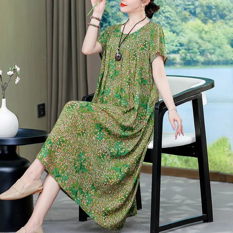 Vintage Print O-hals Korte Mouw Losse Plooien Bloemenjurk Dameskleding 2024 Zomer Nieuwe Oversized Office Lady Midi Jurk