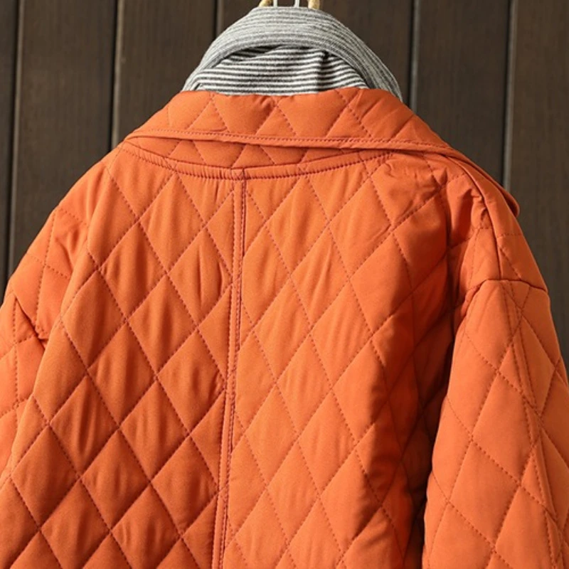 2025 Winter New Loose Fitting Artistic Retro Diamond Checkered Cotton Jacket Women Solid Color Mid Length Trench Coat