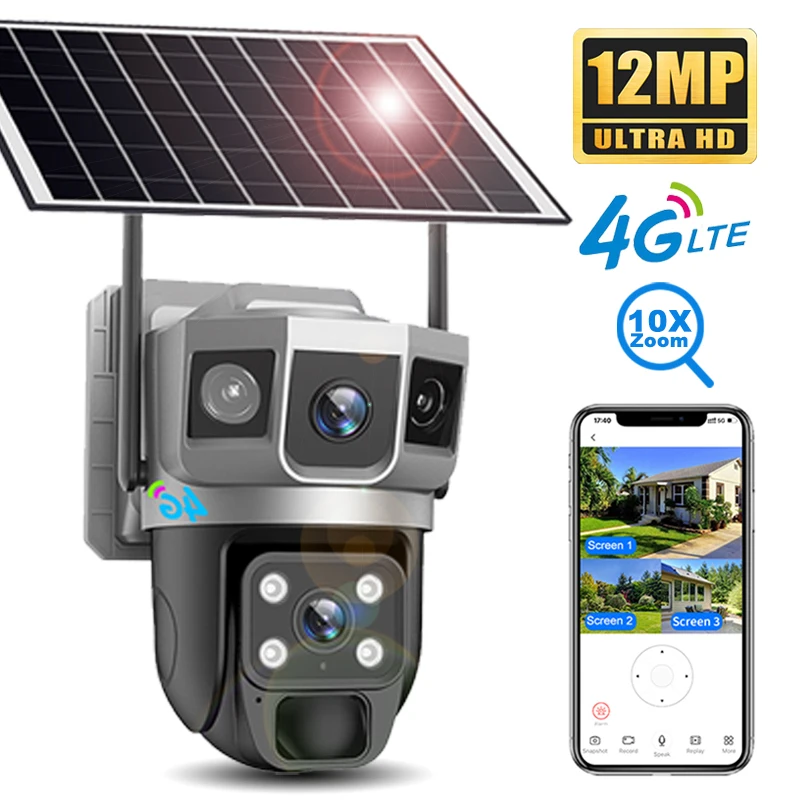 12MP Solar Camera 4G Sim Outdoor Dual Lens Three Screen 6K IP Camara Solar Panel CCTV Security Built in Battery PIR Cam V380