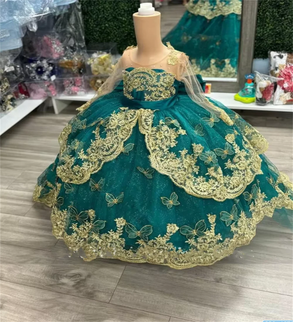 Emerald Green Flower Girls Dress WithGold decal Trailing Butterfly Ball Gown For Birthday Party Beauty Pageant Gown