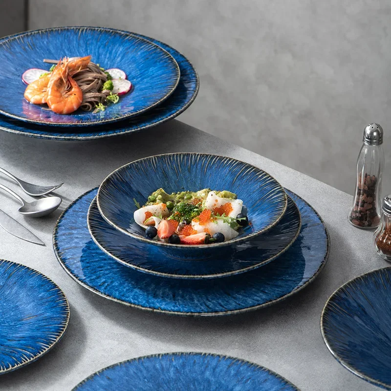 LingAo--Nordic Glazed Blue Swirl Ceramic Creative Steak Pasta Plate, Bucket Bowl