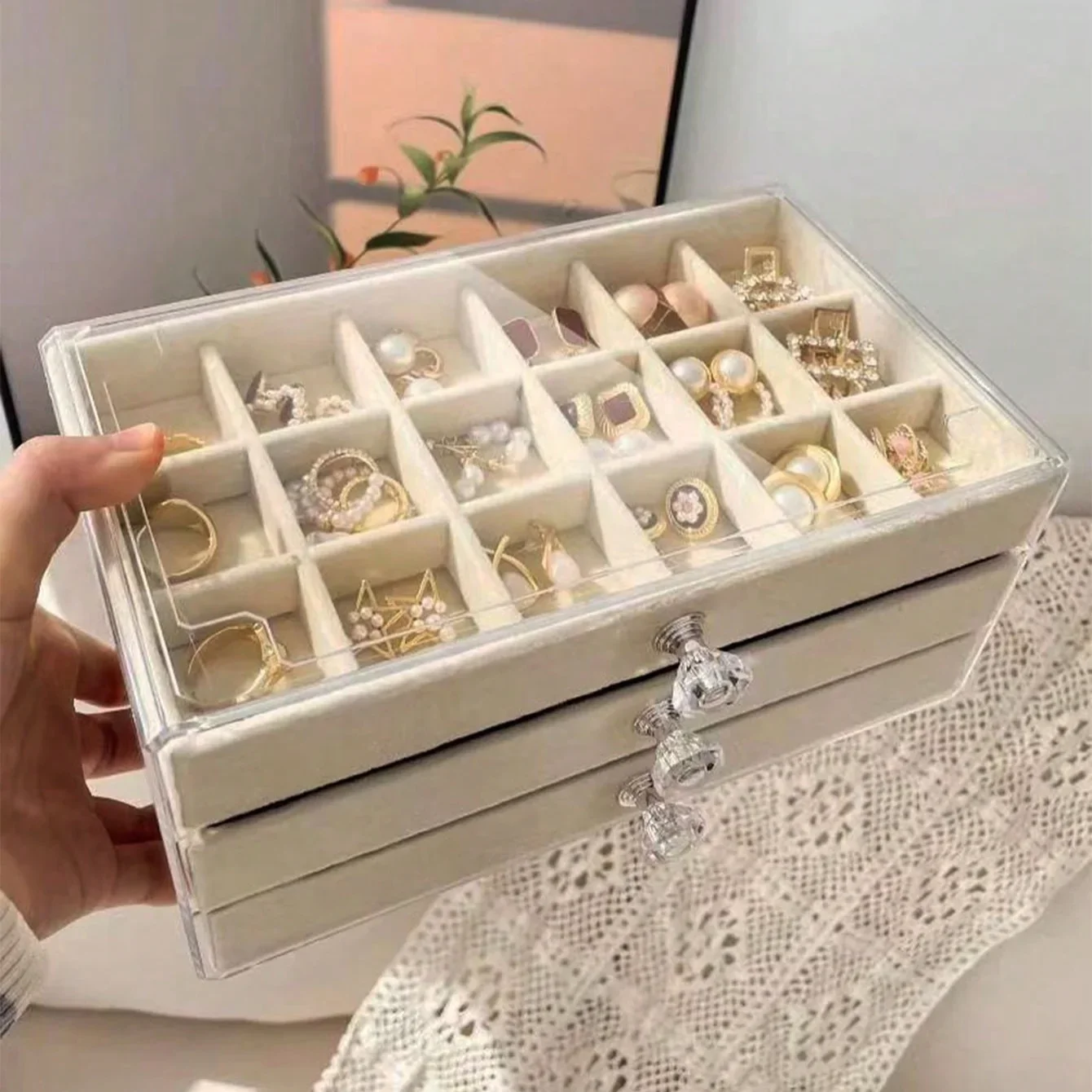 

3-Layer Jewelry Storage Box, Transparent Plastic, Velvet Drawer, Crystal Handle