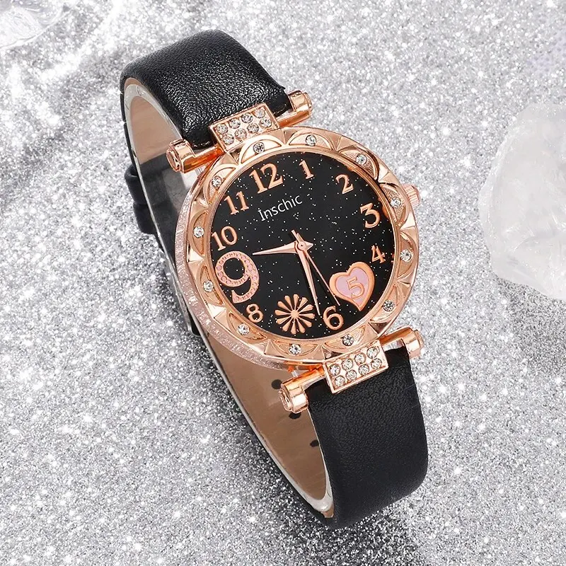 3PCS Set Women Watches Heart Dial Design Watch Black Leather Band Ladies Watches Simple Casual Quartz Wristwatches Female Clock