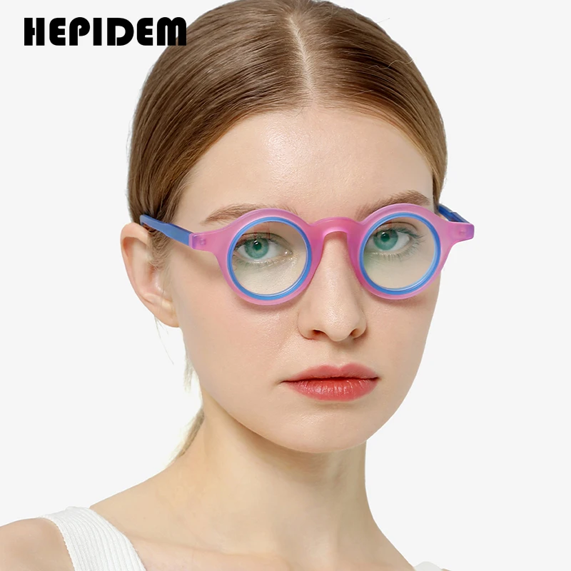 HEPIDEM Matte Acetate Glasses Women Double-Loop Design Round Eyeglasses 2023 Men Spectacles Eyewear H9267