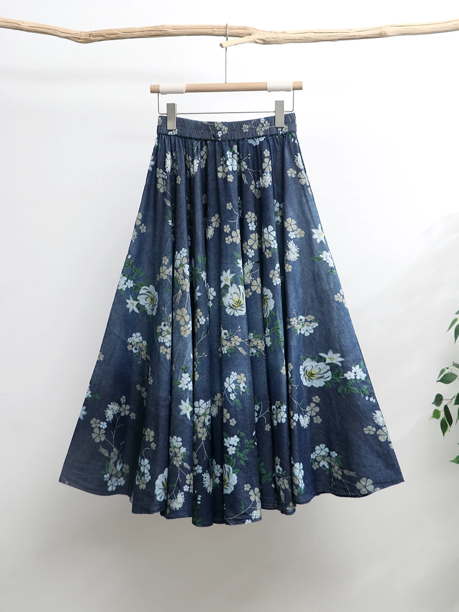 

Free Shipping 2024 Blue New Long Maxi Women Elastic High Waist Spring Summer Denim Printed Lady A-Line Skirts