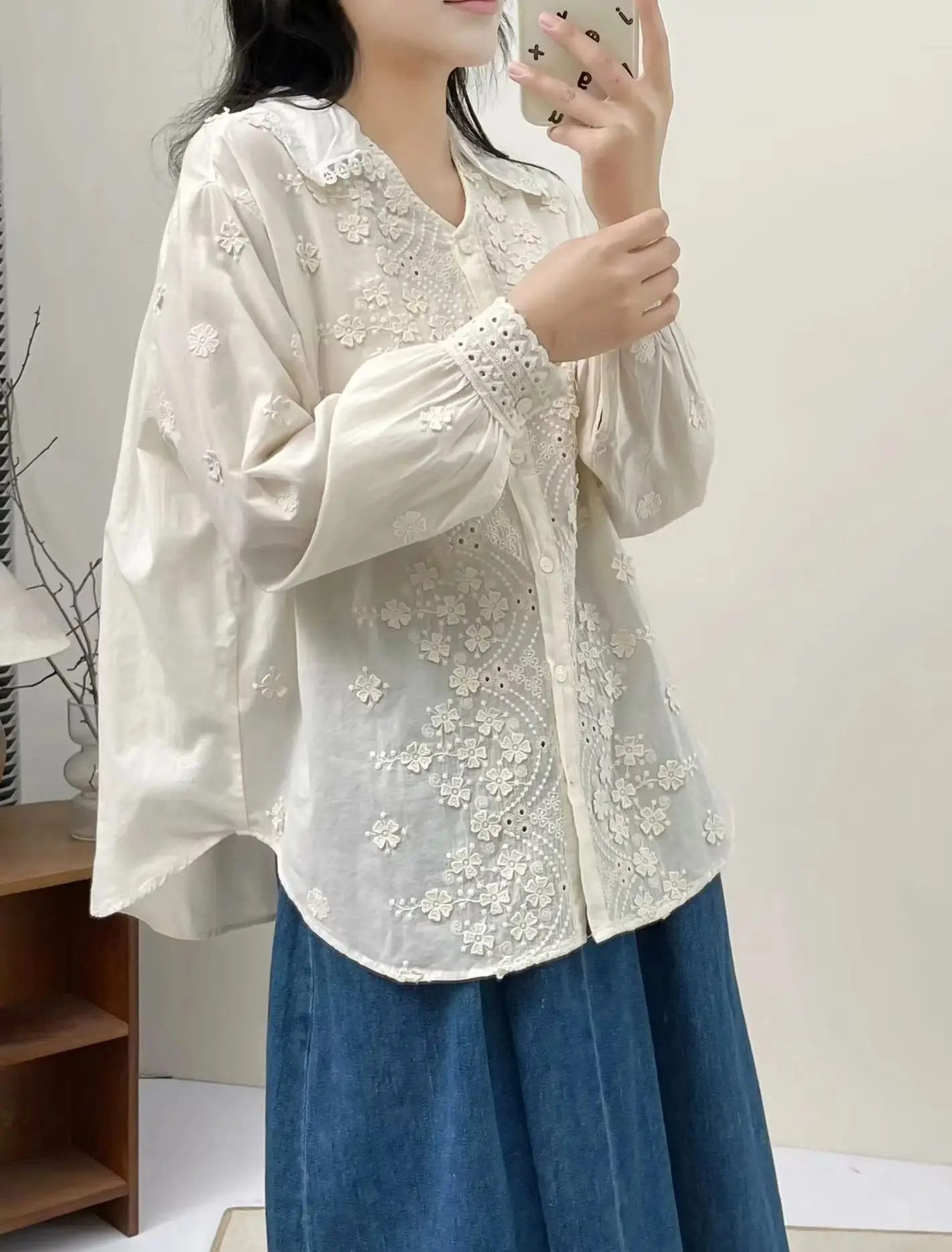 Bohemian Beige Blouses for Women Spring Tops Spain Style Hippie Design Boho Embroidered Hollow Out Shirts Cotton Clothing