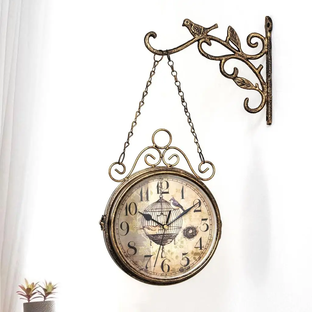 Creative Double Sided Metal Wall Hanging Clock for Cafe Restaurant Decoration