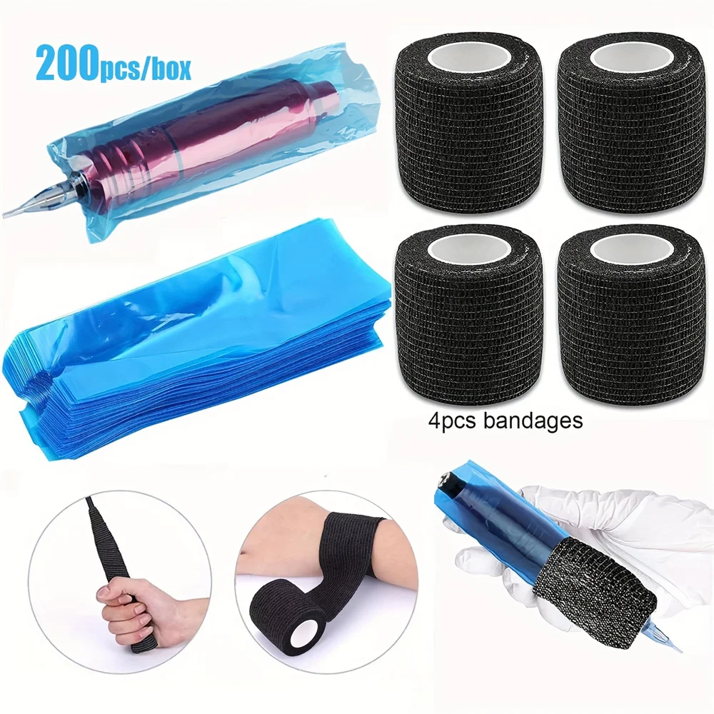 

4pcs Black 5cm Tattoo Bandage And 200pcs Grip Tape Wraps Set Tattoo Machine Covers Tattoo accessories