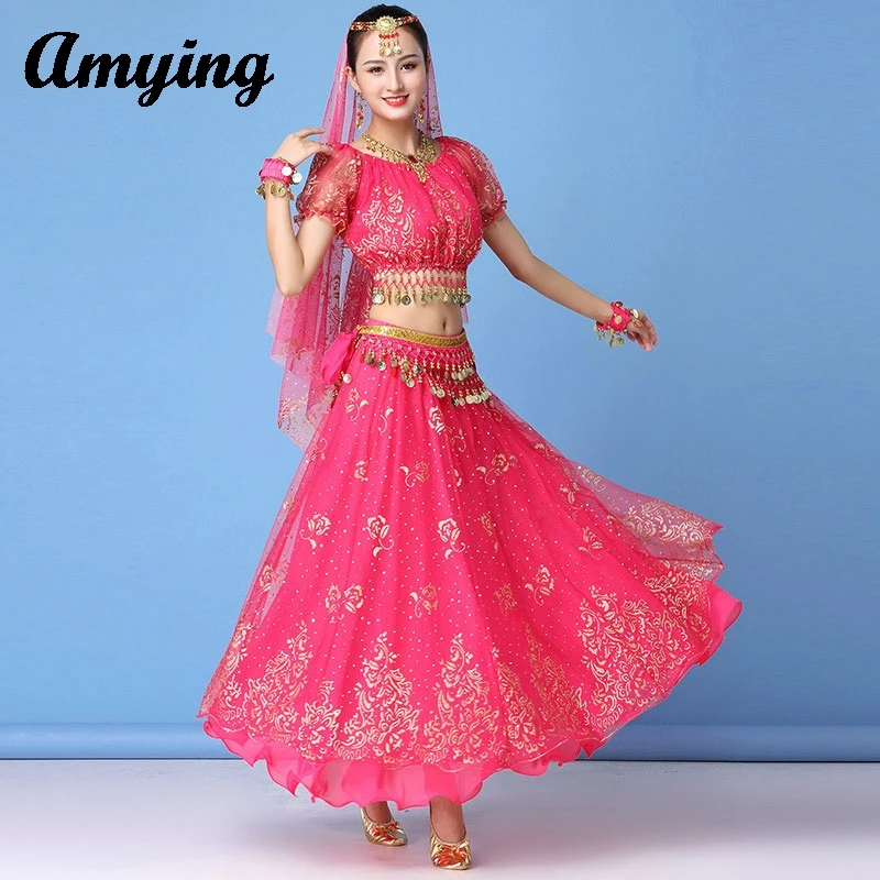 

Women Belly Dance Oriental Performance Clothes Outfit Indian Dance Chiffon Set Top+Belt+Skirt Bollywood Dance Dress Costume Set