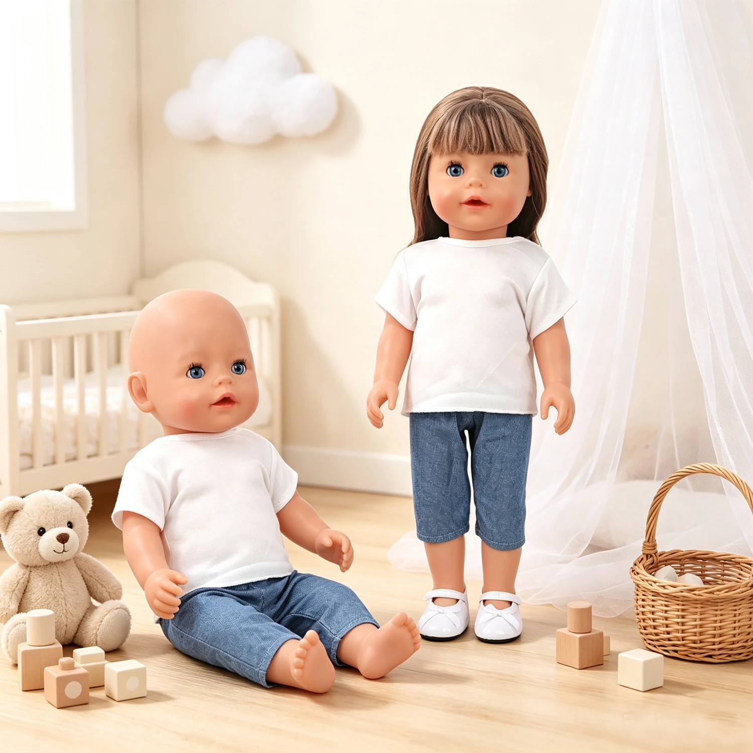 White T-shirt Light Blue Denim Pants Doll Clothes Set White Bow  Shoes Fashion Accessories for 18