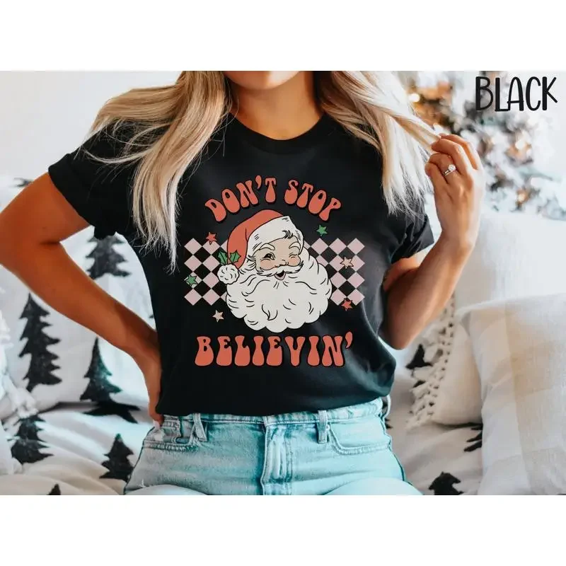Women'S Christmas T Shirt Vintage Santa Don'T Stop Believin' Retro Boho Holiday