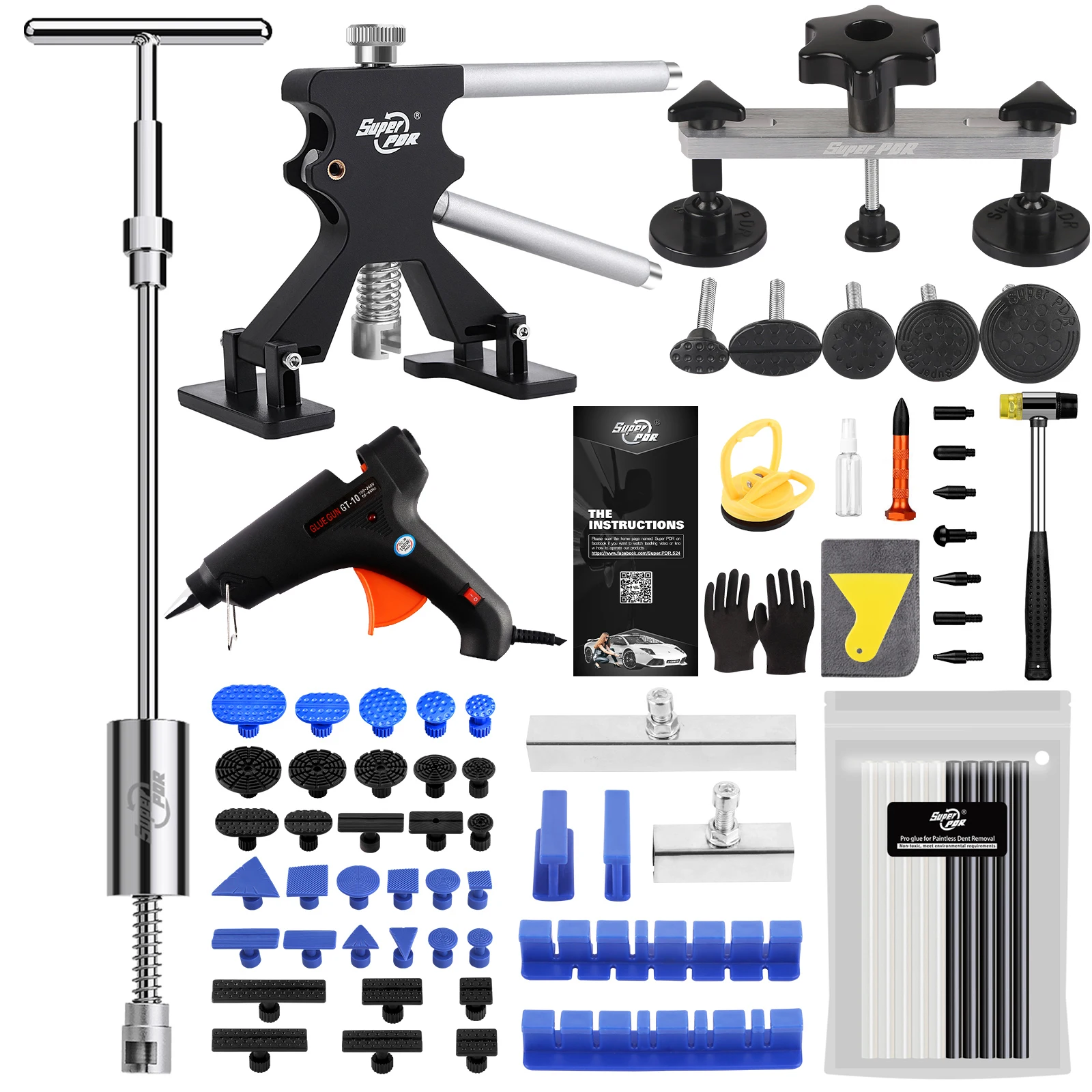 

PDR Paintless Dent Repair Kit Car Body Hail Dents Removal Pullers Black Suction Cups Dent Pulling Bridge Car Charge Glue Gun