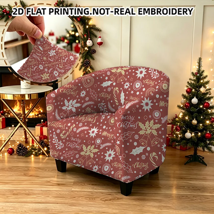 Christmas seamless full print snowflakes holly pattern armrest cover,  2D printed holiday decor elastic single club sofa cover