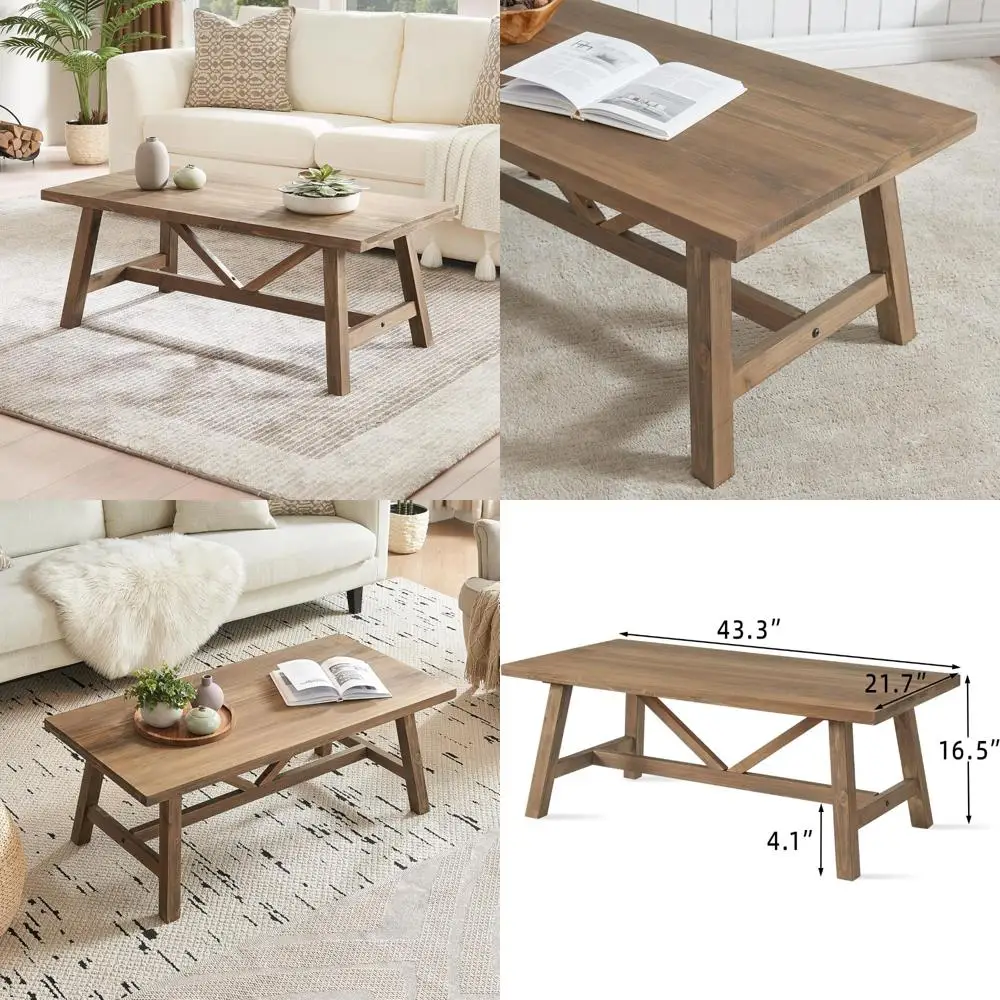 

Rustic Solid Wood Rectangular Coffee Table for Living Room and Office, Walnut Farmhouse Style 43 Center Table