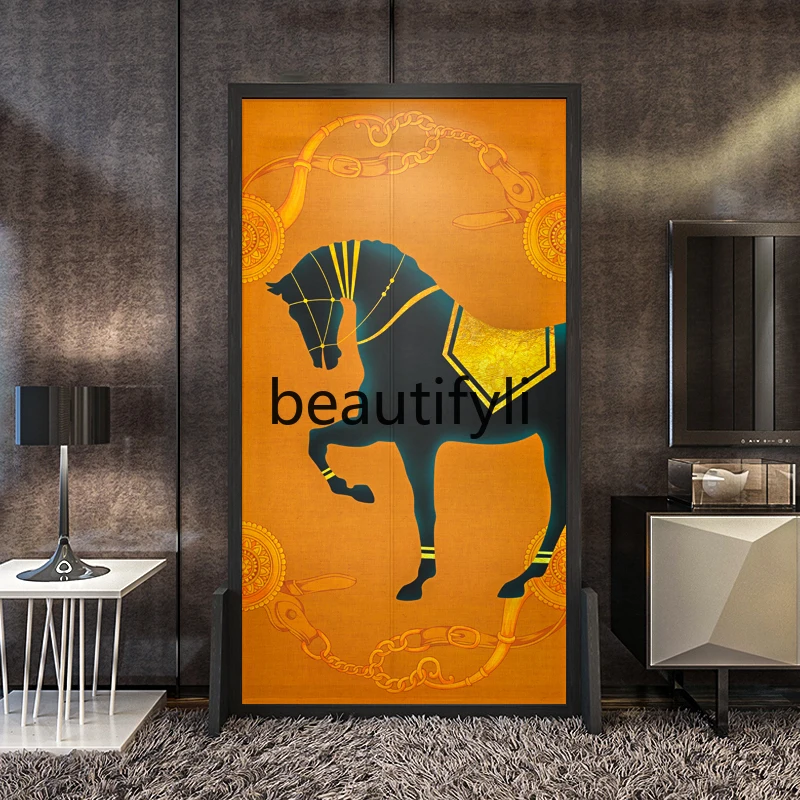 

solid wood mobile screen, living room entrance partition, light luxury British oil painting cloth, wealth seat screen, horse