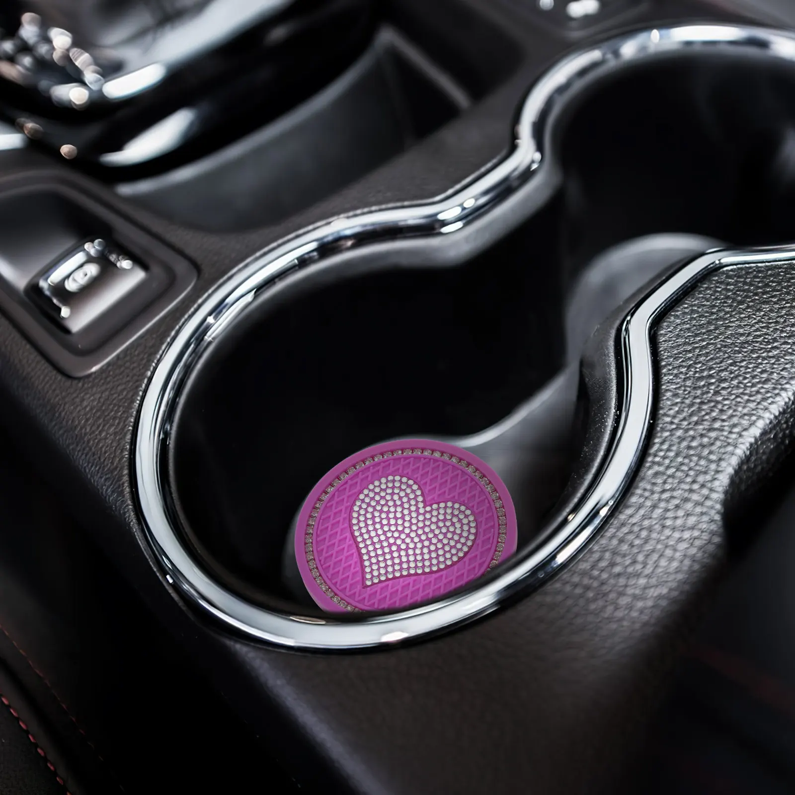 

2Pcs Car Cup Holder Placemat Stylish Heart-Shaped Rhinestone Drink Coaster Anti-Skid Reusable Cup Place Mat for Auto Interior