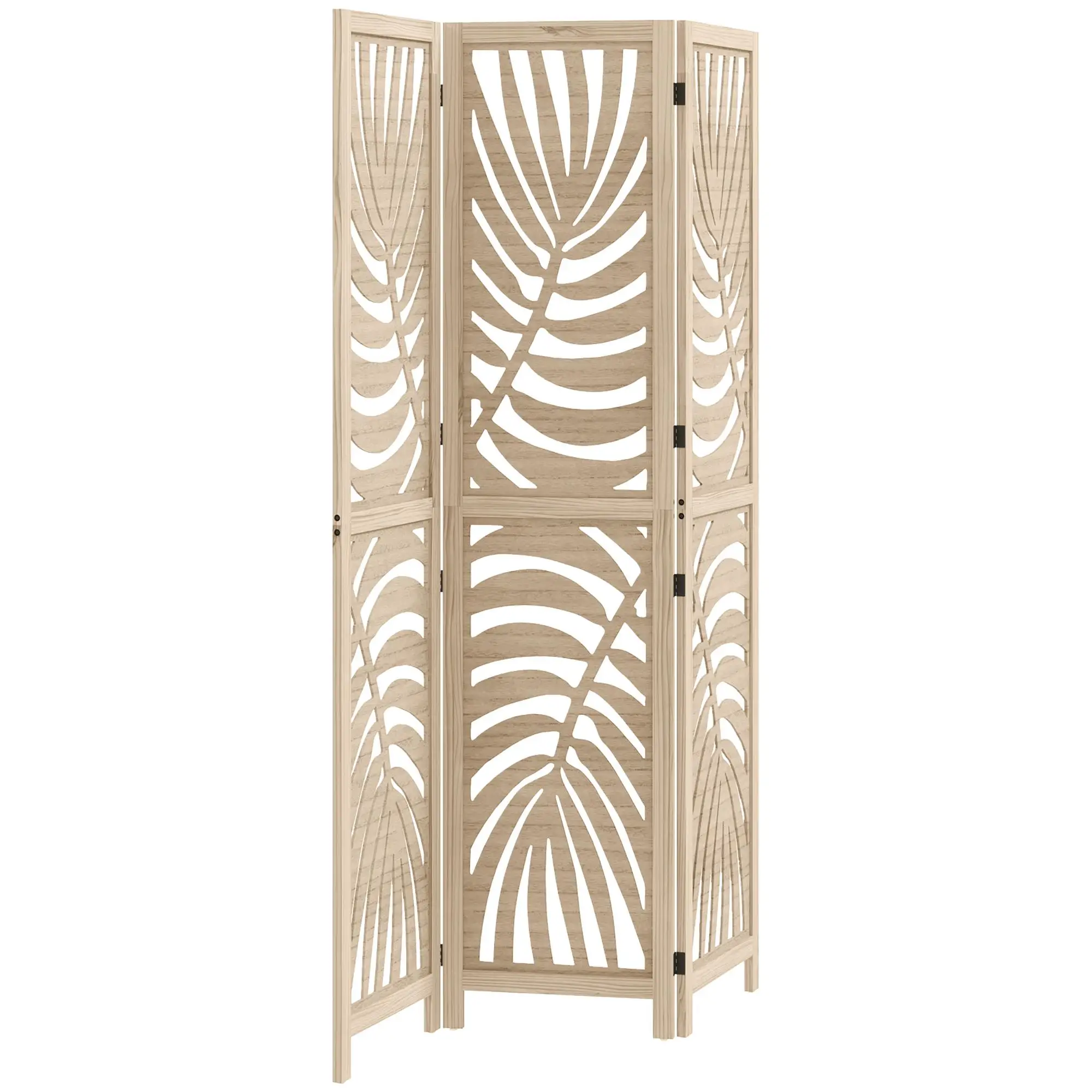 Paravent 3 panneaux en bois naturel avec motif feuille de palmier 120x170cm pliable pour bureau et salon