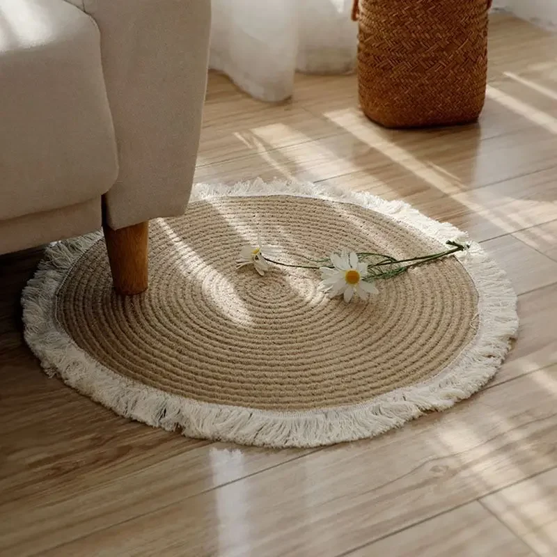 Rug for Bedroom Woven Round Carpet Cotton Linen Mat Japanese Balconies Living Room Rug Floor Coffee Table Anti-slip Area Rug